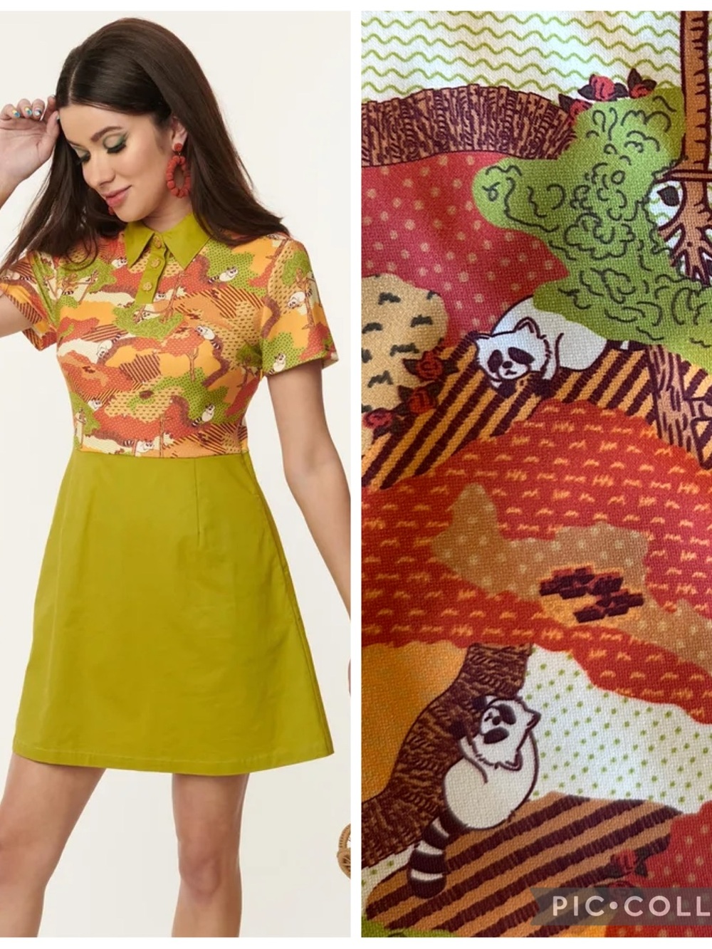 BNWOT Smak Parlour Retro Green & Orange Polo Raccoon Print Mini Dress size XL